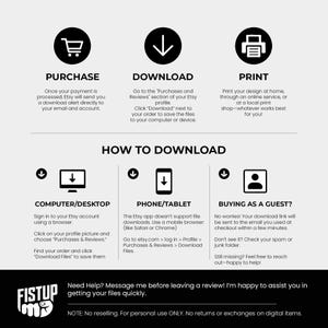 May include: A black and white graphic with instructions for purchasing, downloading, and printing digital files from Etsy. The image includes icons for a shopping cart, a downward arrow, and a printer, along with text instructions.