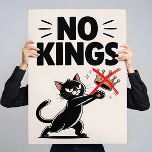 May include: A poster with the words "NO KINGS" in bold black letters. A cartoon black cat is swatting away a golden crown with a red line through it. The cat has an angry expression.