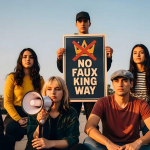 May include: A group of people holding a sign that reads "NO FAUX KING WAY" with a crossed-out crown. One person holds a megaphone. The people are wearing various casual clothing.