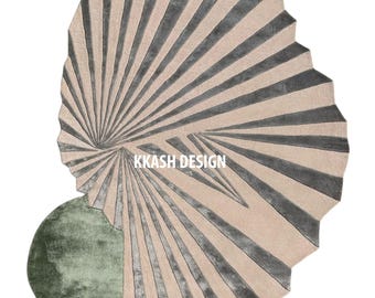 Irregular Beige Grey Wool Silk Rug, Carved Geometric Design, Modern Floor Covering