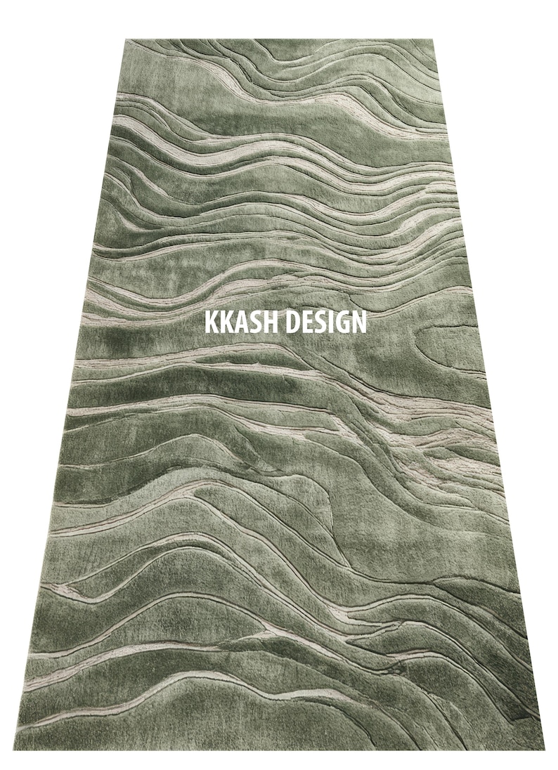 Handmade Green Abstract Rug, Modern Wavy Pattern, Soft Plush Area Rug ...