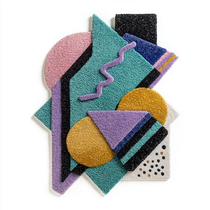Pode incluir: Arte de parede geom&eacute;trica abstrata com uma variedade de formas e cores. O design inclui um tri&acirc;ngulo verde-azulado, um semic&iacute;rculo rosa e um c&iacute;rculo dourado. Outras formas incluem um ret&acirc;ngulo preto, um ziguezague roxo e um quadrado branco com pontos pretos.