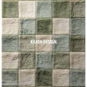 May include: A plush, checkered rug in shades of green, beige, and gray. The rug features a repeating pattern of squares, with a soft, textured appearance. The text "KKASH DESIGN" is displayed in white.