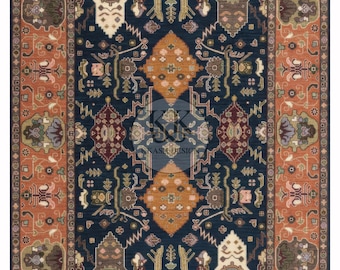 Hand Knotted Oushak Wool Rug 8x10 - Navy Blue Rust Turkish Area Rug -Large Traditional Geometric Wool Carpet for Living Room & Dining Room