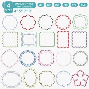 May include: An embroidery file with 4 sizes: 4", 5", 7", and 9". The image displays various frame designs in different colors, including blue, red, green, and purple. The text "EMBROIDERY FILE FOR MACHINE" is at the top.