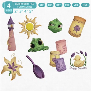 May include: An embroidery file set featuring various designs, including a tower, sun, chameleon, lantern, and duckling. The set includes sizes 2", 3", 4", and 5" for machine embroidery. The text "Embroidery File For Machine" is visible.