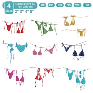 May include: An embroidery file for machine embroidery featuring various bikini designs in red, green, yellow, blue, and pink. The bikinis are displayed hanging on a clothesline. The image includes text indicating the file is available in 4 sizes: 2", 3", 4", and 5".