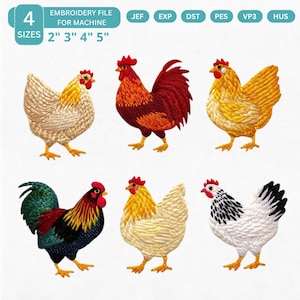 Könnte beinhalten: Stickdatei für Maschinen mit sechs detaillierten Hühnerdesigns. Die Designs umfassen Hähne und Hennen in verschiedenen Farben, mit Größen von 5 bis 13 cm. Die Dateiformate umfassen JEF, EXP, DST, PES, VP3 und HUS.
