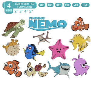 May include: An embroidery file set featuring characters from the movie "Finding Nemo." The set includes various sea creatures like Nemo, Dory, and Crush, along with the text "FINDING NEMO." The file is available in 4 sizes: 2", 3", 4", and 5".
