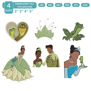May include: Embroidery file for machine with various designs. Includes a heart-shaped design with two frogs, a green crown, a frog, a princess in a green dress, a couple, and a princess holding a frog. Sizes available: 2", 3", 4", and 5".