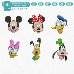 Puede incluir: Archivo de bordado con seis caras de personajes de dibujos animados: Mickey Mouse, Minnie Mouse, Pato Donald, Daisy, Pluto y Goofy. El archivo incluye cuatro tamaños: 5,08 cm, 7,62 cm, 10,16 cm y 12,7 cm. Los formatos de archivo incluyen JEF, EXP, DST, PES, VP3 y HUS.