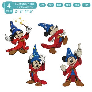 Könnte beinhalten: Vier Stickdateien mit Mickey Mouse in einem Zaubererkostüm. Mickey trägt einen blauen Zaubererhut mit Mond und Sternen, einen roten Umhang und braune Schuhe. Der Text "EMBROIDERY FILE FOR MACHINE" und die Größen 5 cm, 7.6 cm, 10.1 cm, und 12.7 cm sind ebenfalls sichtbar.