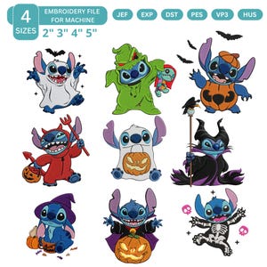 May include: A collection of nine colorful Halloween-themed embroidery files featuring the character Stitch in various costumes. The designs include Stitch dressed as a ghost, a pumpkin, a devil, and more. The text at the top reads "EMBROIDERY FILE FOR MACHINE" and "SIZES 2" 3" 4" 5".