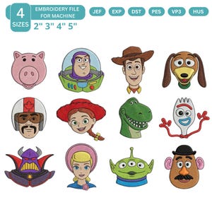 Toy Story broderidesignpaket, Woody Buzz Jessie Rex maskinbroderifiler, Pixar-karaktärshuvuden, 4 storlekar