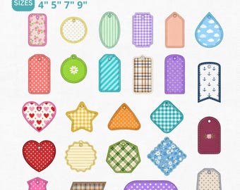 Broderimönster med applikationer och taggar, fil med maskinbroderimönster | Direkt nedladdning