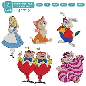 Pode incluir: Ficheiro de bordado com personagens de Alice no País das Maravilhas. Inclui Alice, um gato, um coelho, Tweedledee e Tweedledum e o Gato de Cheshire. O ficheiro está disponível em 4 tamanhos: 10 cm, 13 cm, 18 cm e 23 cm. Formatos: JEF, EXP, DST, PES, VP3, HUS.
