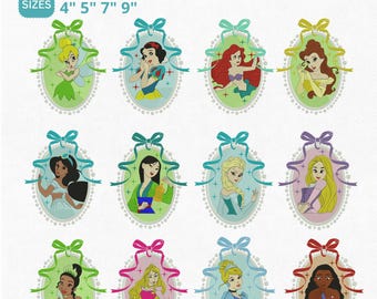 Prinses borduurwerk ontwerpbundel, Tinkerbell Sneeuwwitje Ariel Belle machineborduurbestanden, cameelijst met strik