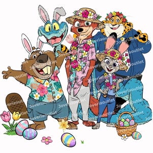 May include: A colorful cartoon illustration featuring several anthropomorphic animals dressed in Hawaiian shirts and Easter attire. A beaver, fox, snake, cheetah, and rabbit are depicted, surrounded by Easter eggs and flowers. The image has the text "Joveriaoutlet".
