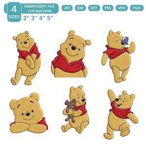 Könnte beinhalten: Stickdatei mit sechs Cartoon-Bären-Designs in verschiedenen Posen, die rote Hemden tragen. Der Text oben lautet "EMBROIDERY FILE FOR MACHINE" und "4 GRÖSSEN 2" 3" 4" 5" ". Die Dateiformate sind JEF, EXP, DST, PES, VP3 und HUS.