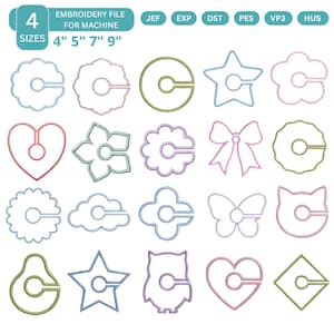 May include: An embroidery file for machine use, showcasing diverse shapes such as flowers, stars, and bows. The designs are available in four sizes: 10 cm, 13 cm, 18 cm, and 23 cm. The image includes the file types JEF, EXP, DST, PES, VP3, and HUS.