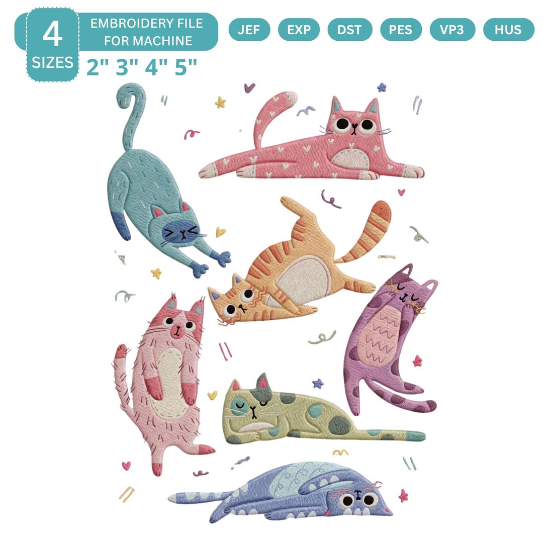 Cute Cat Embroidery Design Bundle, Adorable Cat Poses Machine ...
