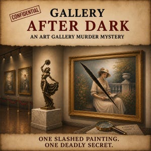 May include: An art gallery scene with a slashed painting, a bronze statue, and a magnifying glass on a table. The text reads "Gallery After Dark: An Art Gallery Murder Mystery."