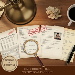 May include: A detective-themed setup featuring documents, a magnifying glass, and a lamp on a wooden surface. The documents are stamped "CONFIDENTIAL" and the image includes the text "BECOME THE DETECTIVE". A coffee cup and crumpled paper are also visible.