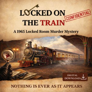 Op de afbeelding: Illustratie van een vintage trein met de tekst "LOCKED ON THE TRAIN" en "A 1965 Locked Room Murder Mystery." Een vergrootglas met bloedvlekken en een pistool staan op de voorgrond. Een digitale downloadknop is zichtbaar.
