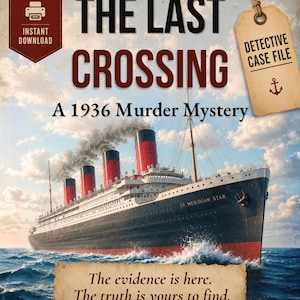May include: A digital print featuring a large ocean liner named SS Meridian Star on the sea. Text reads: THE LAST CROSSING A 1936 Murder Mystery, PRINT AT HOME INSTANT DOWNLOAD, DETECTIVE CASE FILE, and The evidence is here. The truth is yours to find.