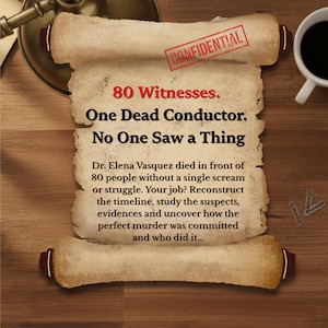 May include: A parchment scroll with the word "CONFIDENTIAL" stamped in red. The text on the scroll reads "80 Witnesses. One Dead Conductor. No One Saw a Thing." A cup of coffee and paperclips are also visible.