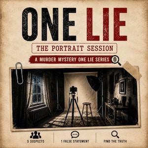 Puede incluir: Un póster de estilo vintage para "ONE LIE: The Portrait Session", un juego de misterio. La imagen presenta un estudio fotográfico con una cámara en un trípode. El texto incluye "5 Sospechosos", "1 Falsa Declaración" y "Encuentra la Verdad".
