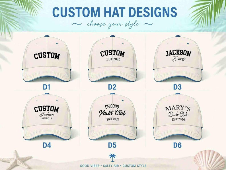 Puede incluir: Seis gorras de b&eacute;isbol color blanco hueso con borde azul, etiquetadas de D1 a D6, con varios dise&ntilde;os de texto en negro que incluyen CUSTOM, EST. 2026, JACKSON Davis, CUSTOM Jackson BACH CLUB, CHICOGO Yacht Club SINCE 2003 y MARY'S Bach Club EST. 2026.