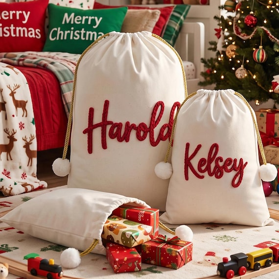 Large Christmas Gift Bag, Personalized Santa Sack With Name, Xmas Stocking Sack, Holiday Decor