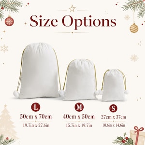 May include: Three white drawstring bags with gold cords and white pom-poms. Sizes are labeled L (50cm x 70cm / 19.7in x 27.6in), M (40cm x 50cm / 15.7in x 19.7in), and S (27cm x 37cm / 10.6in x 14.6in) under the text Size Options.