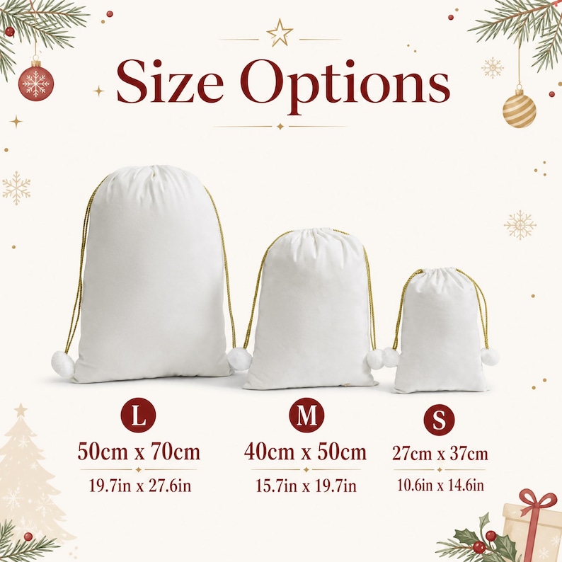 May include: Three white drawstring bags with gold cords and white pom-poms. Sizes are labeled L (50cm x 70cm / 19.7in x 27.6in), M (40cm x 50cm / 15.7in x 19.7in), and S (27cm x 37cm / 10.6in x 14.6in) under the text Size Options.