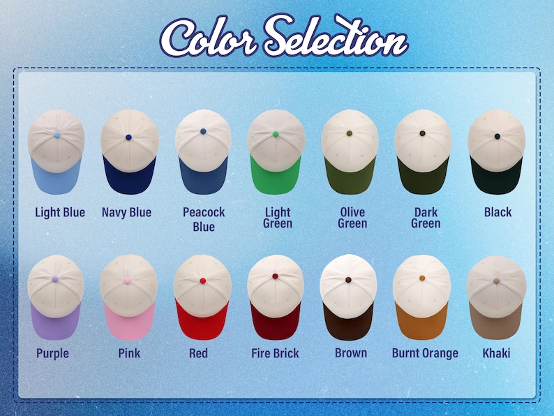 Puede incluir: Una tabla de selecci&oacute;n de colores que muestra catorce gorras de b&eacute;isbol en dos filas. Cada gorra tiene una corona blanca y una visera de color con un bot&oacute;n a juego en la parte superior. Los colores incluyen azul claro, marino, azul pavo real, verde, oliva, verde oscuro, negro, morado, rosa, rojo, ladrillo, marr&oacute;n, naranja quemado y caqui.