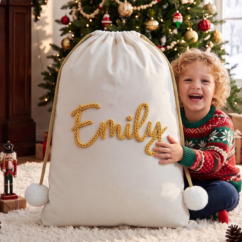 May include: A large, off-white canvas drawstring gift sack featuring the name Emily embroidered in thick, golden-yellow yarn script across the center. The bag includes gold braided rope drawstrings finished with large, fluffy white pom-poms.