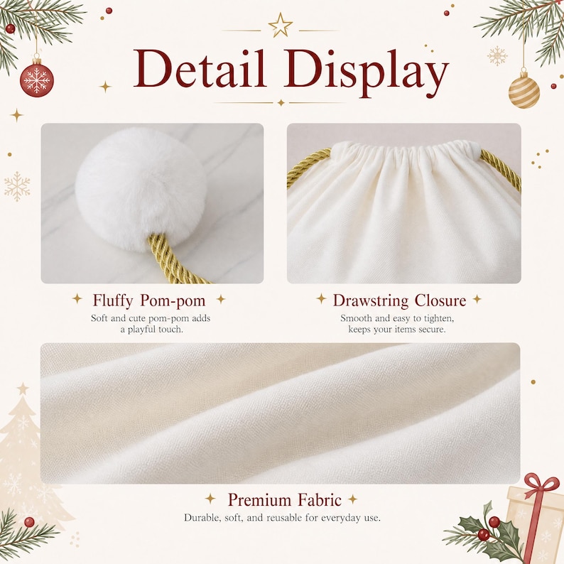 May include: A white fabric drawstring pouch featuring a fluffy white pom-pom attached to a gold braided cord. The image includes text labels Detail Display, Fluffy Pom-pom, Drawstring Closure, and Premium Fabric with descriptive captions.