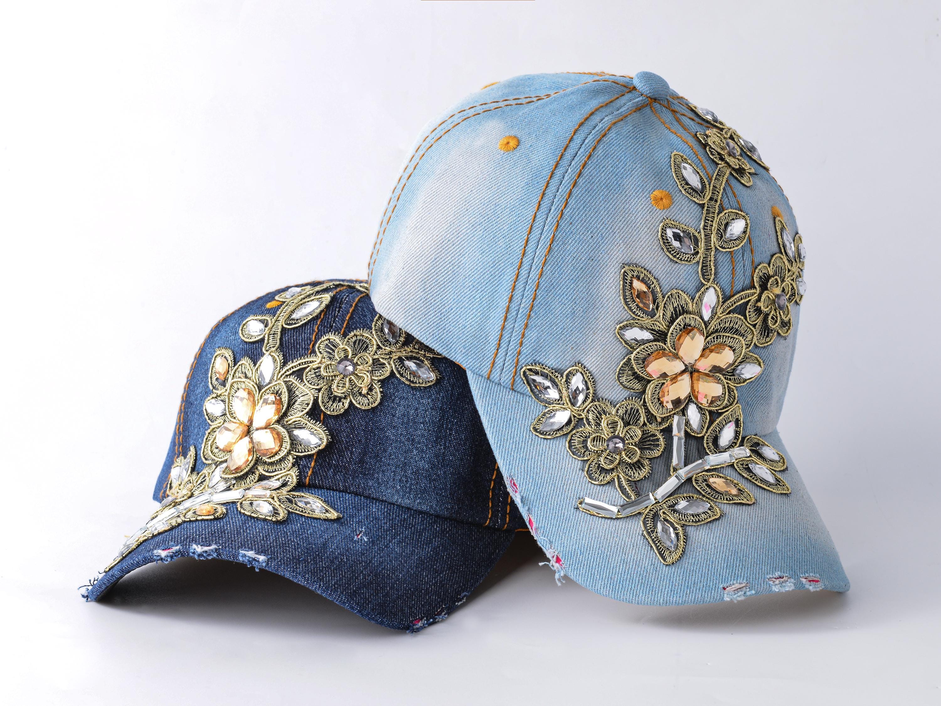 Vtg Rhinestone Embellished Trendy distressed chic Denim Cap DIVA Denim Rhinestone Cap – Sophia Collection main image 2