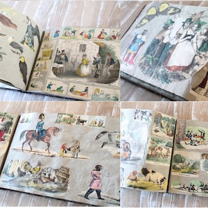 May include: Antique book with open pages displaying vintage illustrations. The pages feature colorful images of birds, people, and scenes from the past. The book is open, revealing multiple pages with detailed artwork.