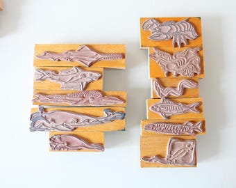 May include: A collection of wooden stamps featuring various sea creatures, including sharks, fish, and a crab. The stamps are arranged on a white surface, showcasing their detailed designs and natural wood grain.