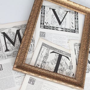 May include: A gold-toned, ornate picture frame with a collection of antique letter prints. The prints feature large, stylized letters in black ink, with intricate illustrations and text. The frame is rectangular and adds a vintage aesthetic.