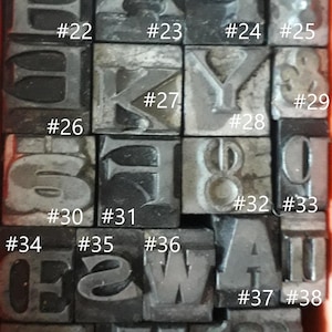 May include: A collection of rectangular metal letterpress blocks arranged in a grid, each featuring a raised character or symbol. The blocks are labelled with numbers from #22 to #42, displaying various letters, numbers, and symbols in a metallic grey finish.