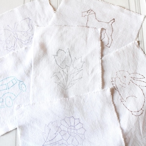 6 vignette vintage in lino con disegni stampati per ricamo, patchwork e cucito lento: animali, fiori e oggetti.