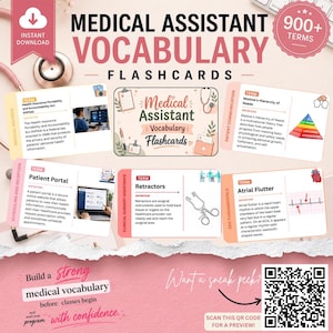 Pode incluir: Um conjunto de flashcards de vocabulário para assistente médico com mais de 900 termos. Os cartões exibem definições médicas, ilustrações e terminologia como HIPAA, Patient Portal, Retractors e Atrial Flutter. Inclui um código QR para uma prévia.