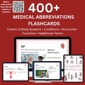以下が含まれることがあります： 「400+ MEDICAL ABBREVIATIONS FLASHCARDS」のテキストが表示されたデジタル医療フラッシュカード。フラッシュカードは、13の身体システム、状態、構造、機能、および医療用語をカバーしています。「BP」は血圧、「IUD」は子宮内避妊器具など。