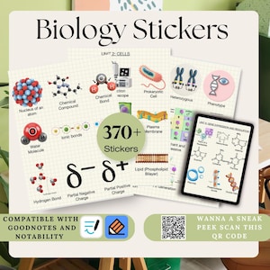 Könnte beinhalten: Eine Sammlung von Biologie-Stickern mit wissenschaftlichen Diagrammen und Illustrationen. Die Sticker zeigen Diagramme von Atomen, Molekülen, Zellen und genetischen Konzepten. Der Text auf den Stickern lautet "Biology Stickers", "370+ Stickers".