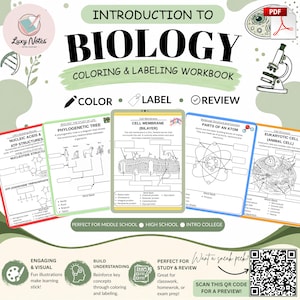 Può includere: Un quaderno di esercizi di biologia da colorare ed etichettare con cinque pagine didattiche contenenti diagrammi di strutture ATP, un albero filogenetico, una membrana cellulare, un atomo e una cellula animale, più un codice QR.