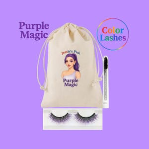 May include: A purple-themed lash kit with the text "Purple Magic" and "Color Lashes." The kit includes a drawstring bag with a woman's portrait and the text "Jessie's Pick." The kit also contains a pair of purple eyelashes and a mascara wand.
