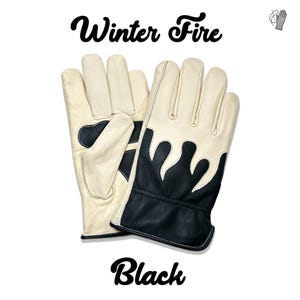 Genuine Leather Winter Fire Gloves for Men & Women – Cream and Black Flame Design – Warm Lined Driving Gloves – Stylish Cold Weather Gloves